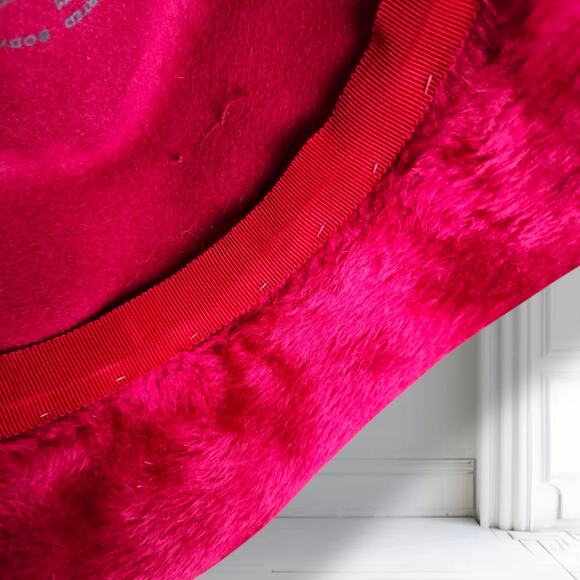 Vintage 50s Red Plush Fur Felt Hat Wide Brim Bow Cocktail Church Size 7 1/4 main image 11